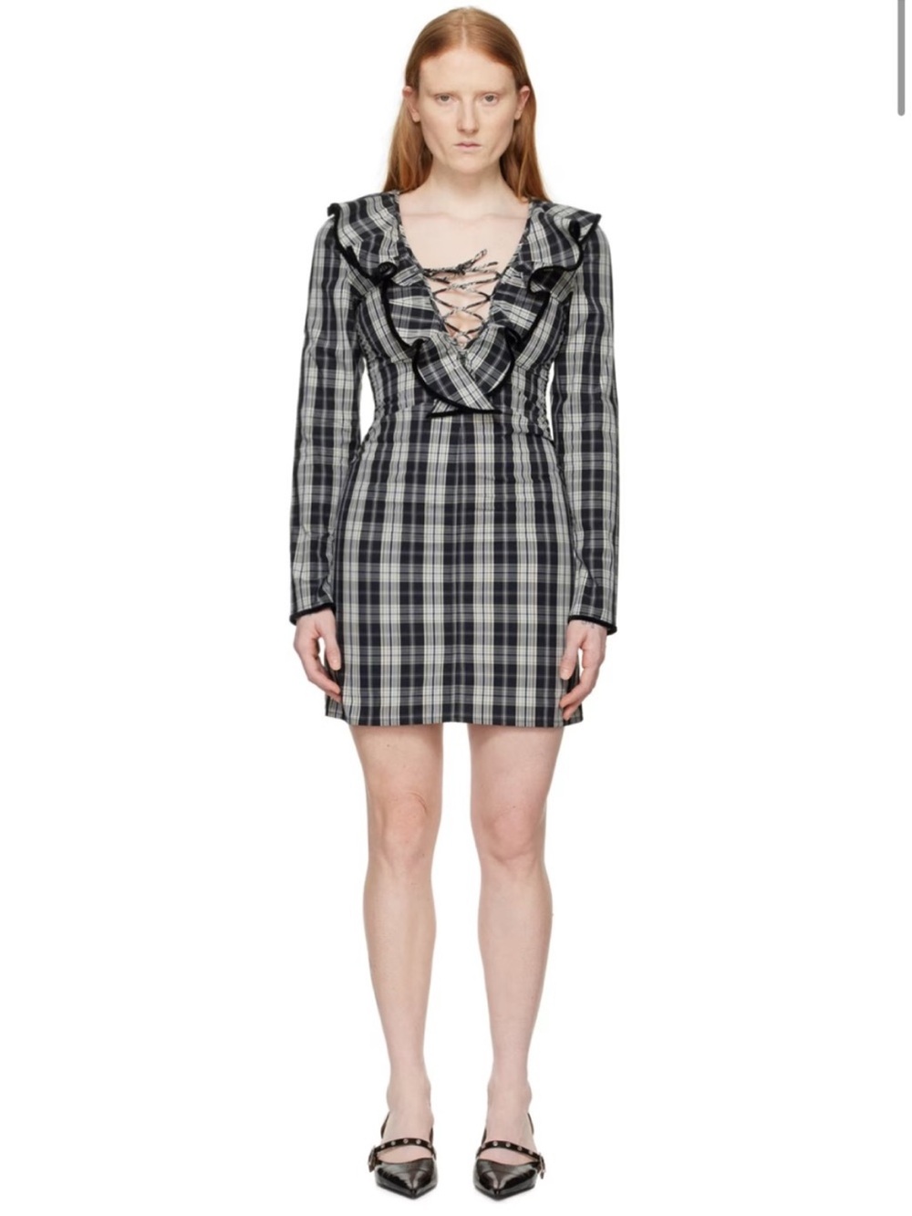 NWT GANNI Black Plaid Ruffle Lace Up Mini Dress Organic Cotton US4 DE36 - Picture 8 of 8